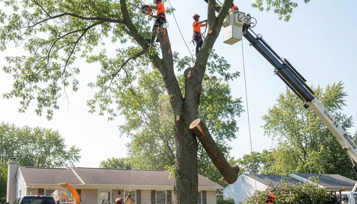 Professional tree removal crew safely cutting large tree with crane at Troy, NY residential property