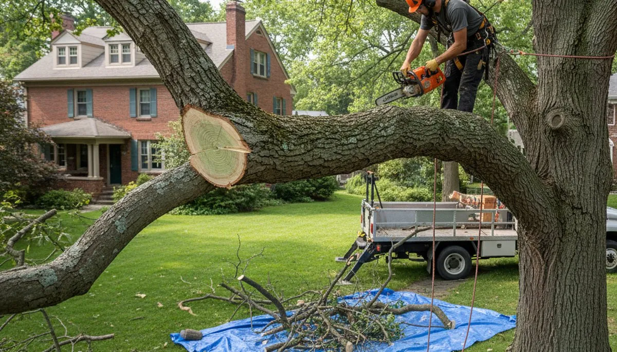 Arborist removing dead branches from mature tree in Troy, NY for safe, professional tree trimming service