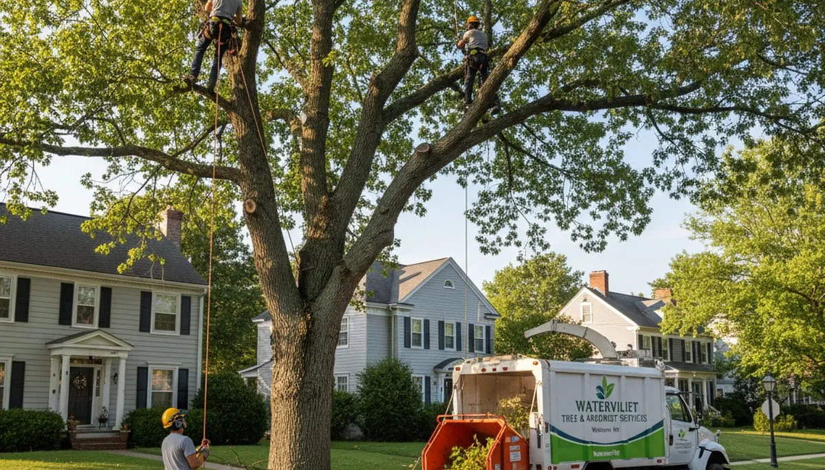Professional tree removal service in Troy, NY safely cutting and clearing large oak tree branches
