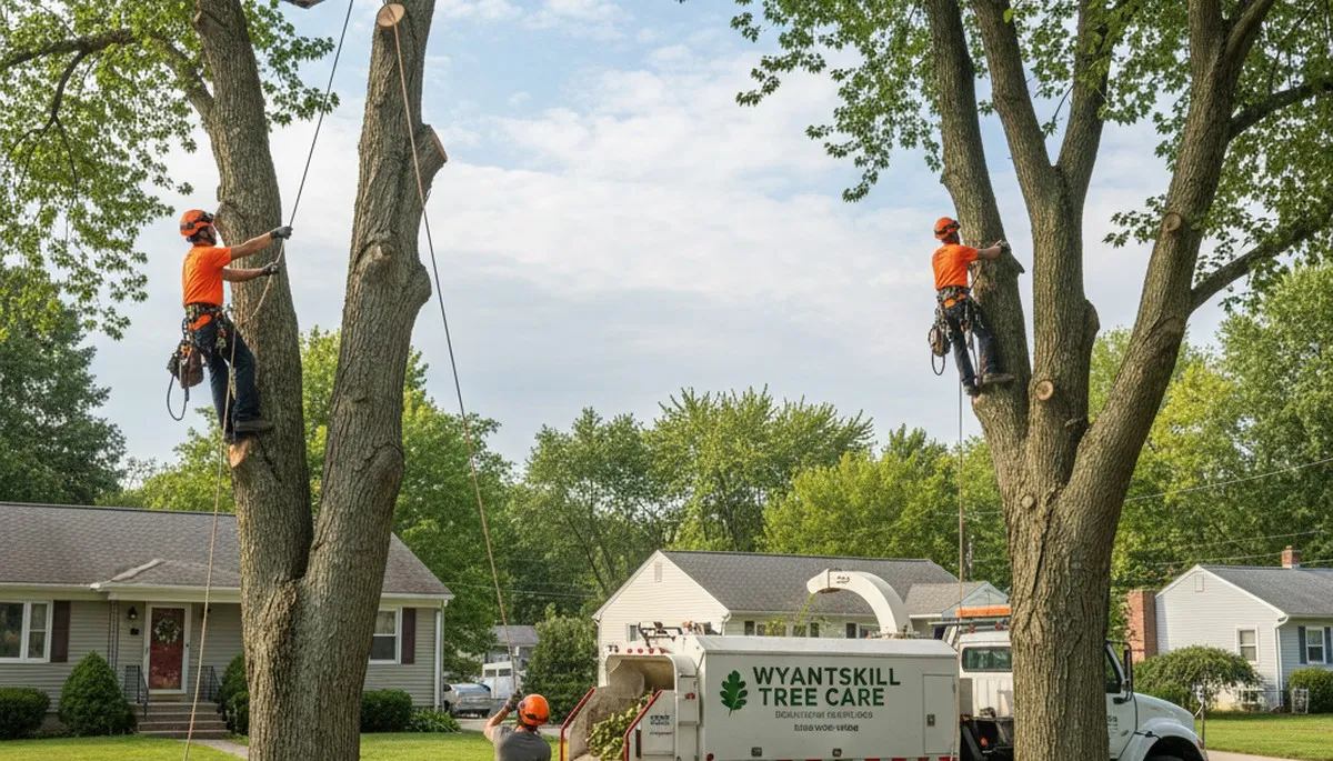 Professional tree removal service in Troy, NY safely cutting and clearing large backyard trees